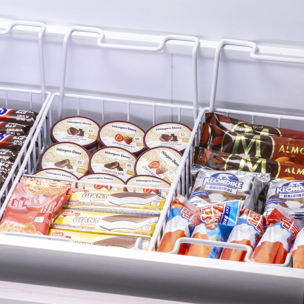 White Curved Glass Top Chest Freezer with 7 Wire Baskets U324939