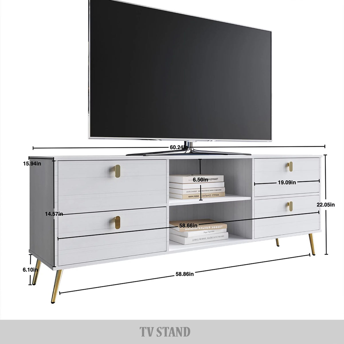 White Wood TV Stand with Gold Metal Legs P46696