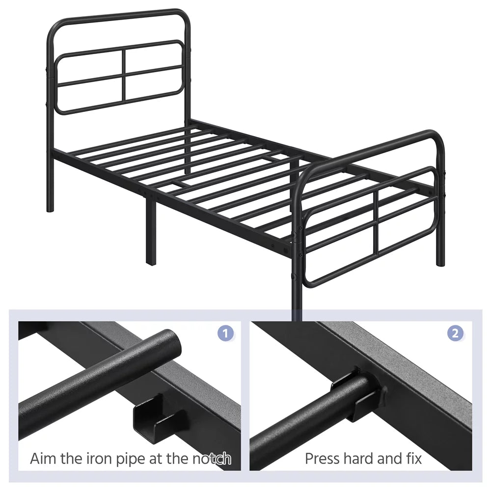 Black Twin Metal Platform Bed with Geometric Patterned Headboard O683717