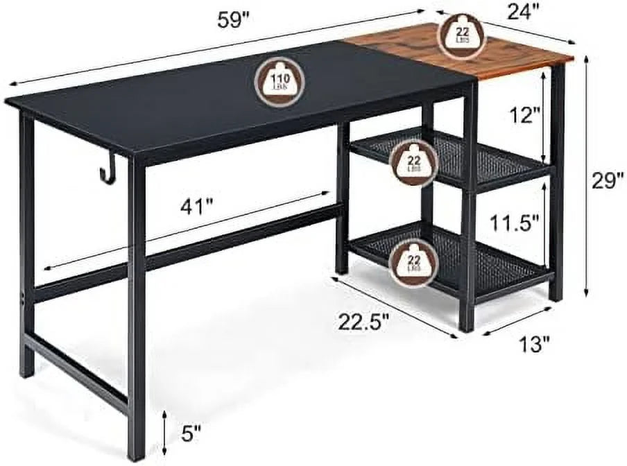 59 Inch Computer Desk with Charging Station and 2 Tier Shelves E866