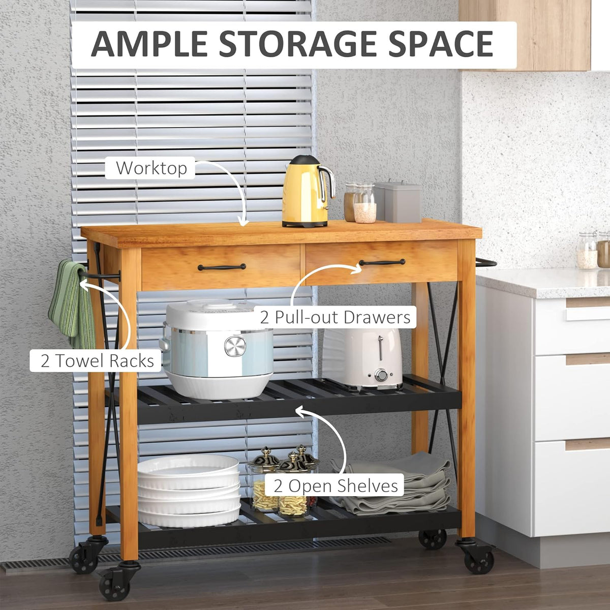 Kitchen Island Cart with 2 Drawers and Open Storage Shelves T9530