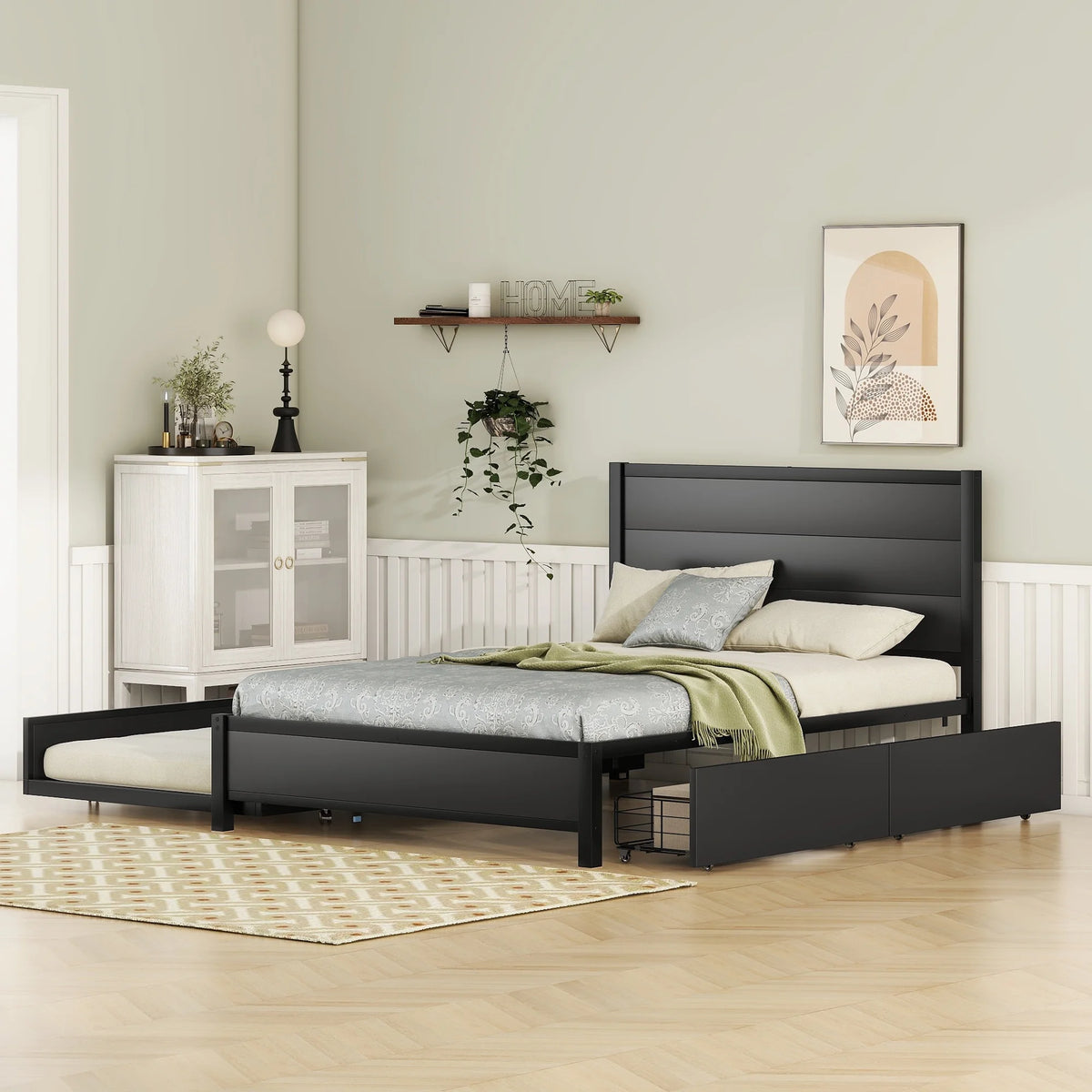 Black Metal Full Size Platform Bed with Twin Trundle and 2 Drawers H46636