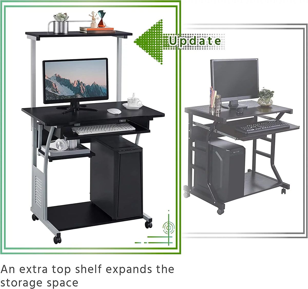 Black 2 Tier Mobile Computer Desk with Printer Shelf H260