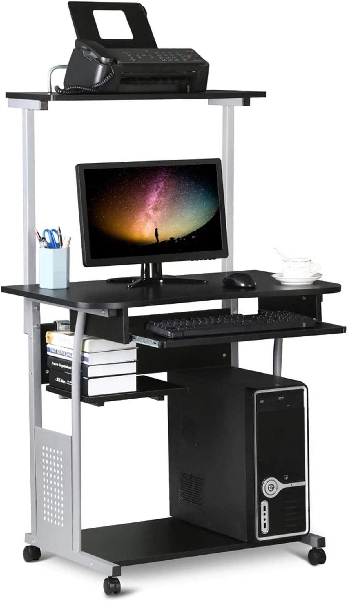 Black 2 Tier Mobile Computer Desk with Printer Shelf H260