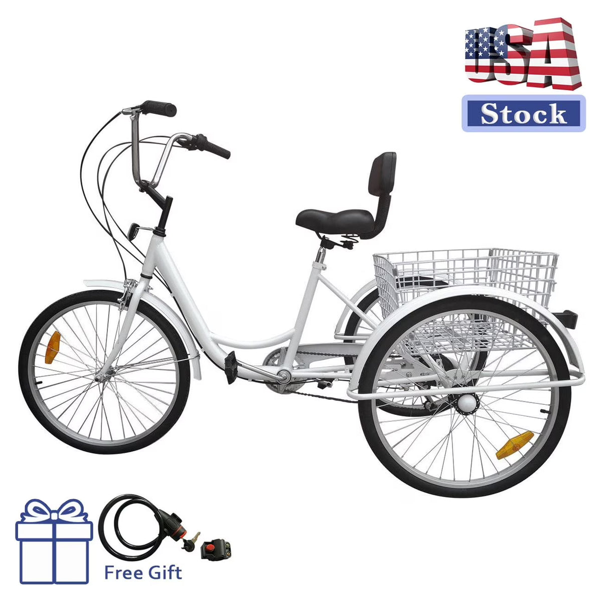 White 24" 3-Wheel Adult Tricycle Bike with Basket J773