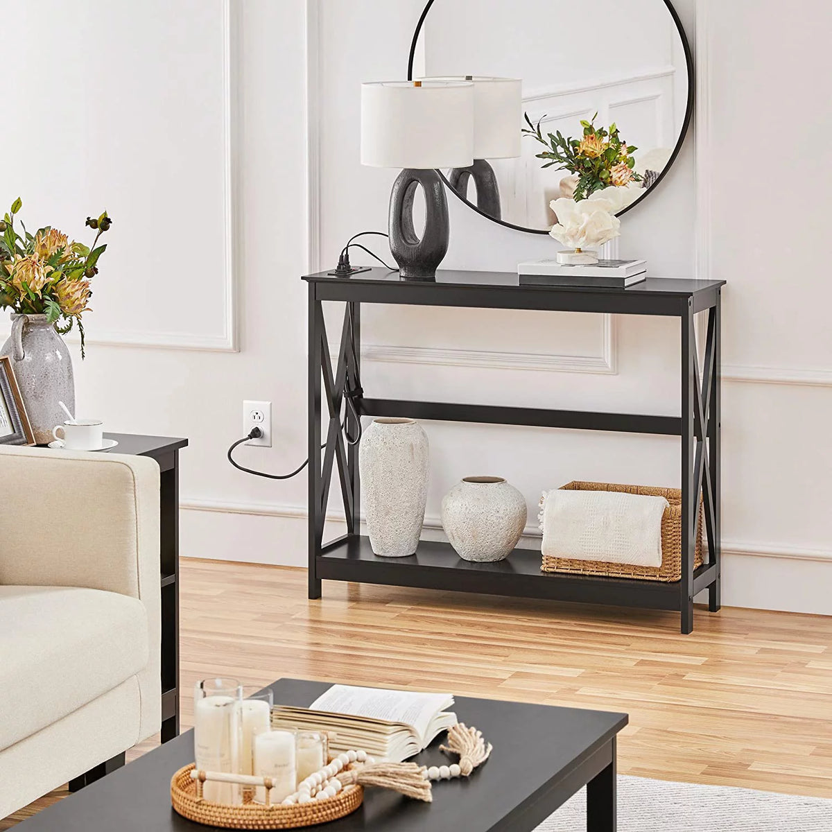 Black Console Table with Outlets and USB Ports W6687