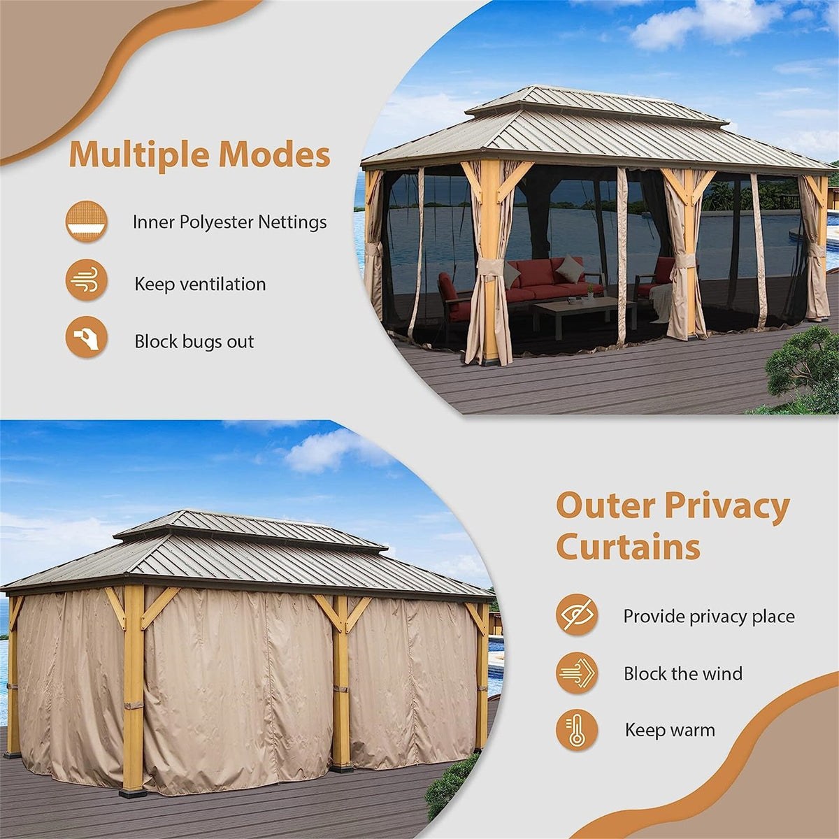 12'x20' Outdoor Gazebo Double Roof Galvanized Steel Canopy Cedar Wood Frame with Netting & Curtains D85182