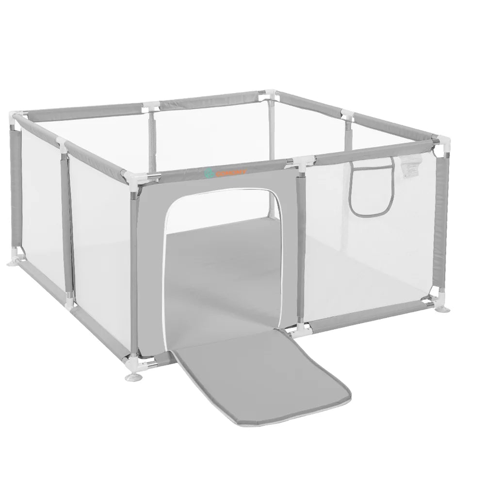 Portable 4-Panel Baby Playpen with Basketball Hoop, Grey R8635