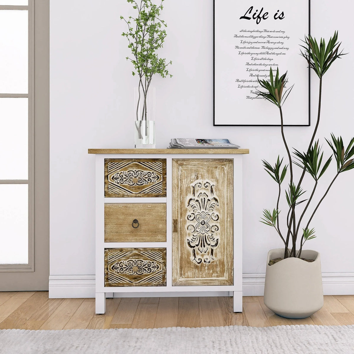 White Washed Wood 1-Door Accent Cabinet Y997