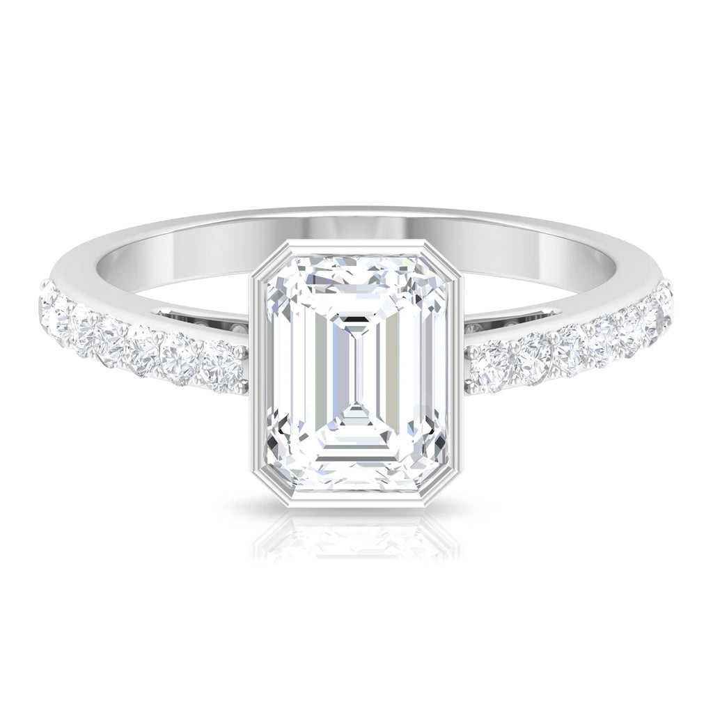 Octagon Cut Moissanite Solitaire Ring in Bezel Setting with Surface Side Stones, 10K White Gold, US 3.50 X828448