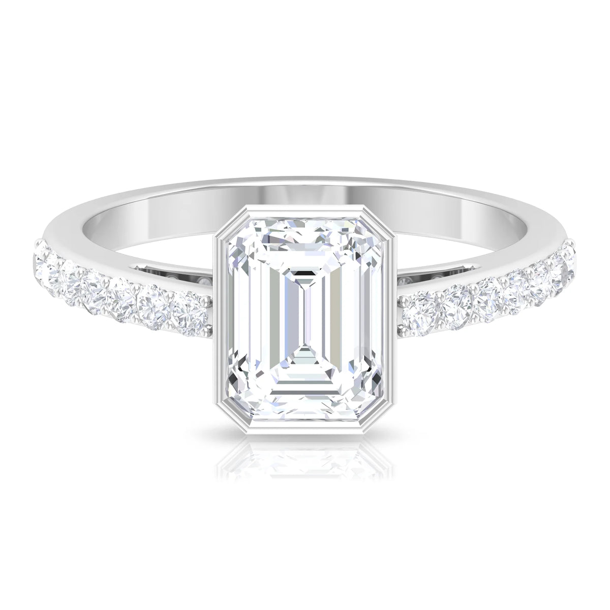 Octagon Cut Moissanite Solitaire Ring in Bezel Setting with Surface Side Stones, 10K White Gold, US 3.50 X828448